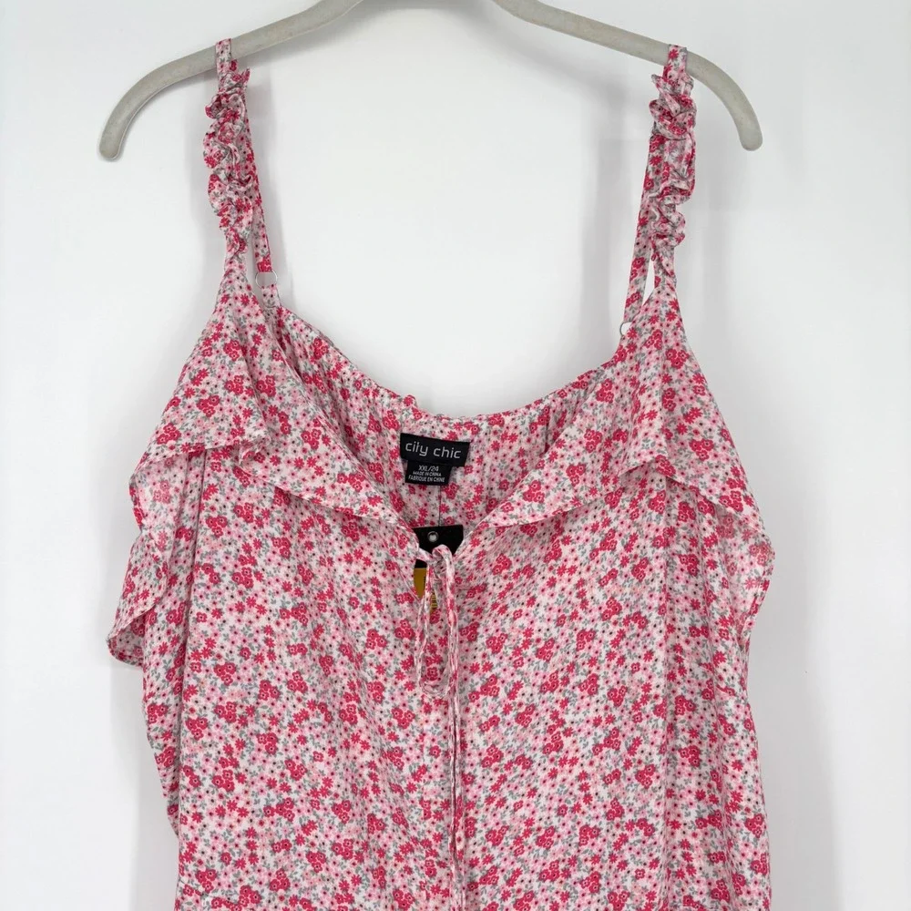 NWT City Chic Pink Foolish Ditsy Floral Ruffle Strap Tie Front Dress sz 24W - Picture 5 of 12